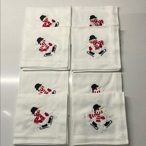 NEW set of 8 Crate & Barrel 100% cotton Embroidered Snowman 10” cocktail napkins